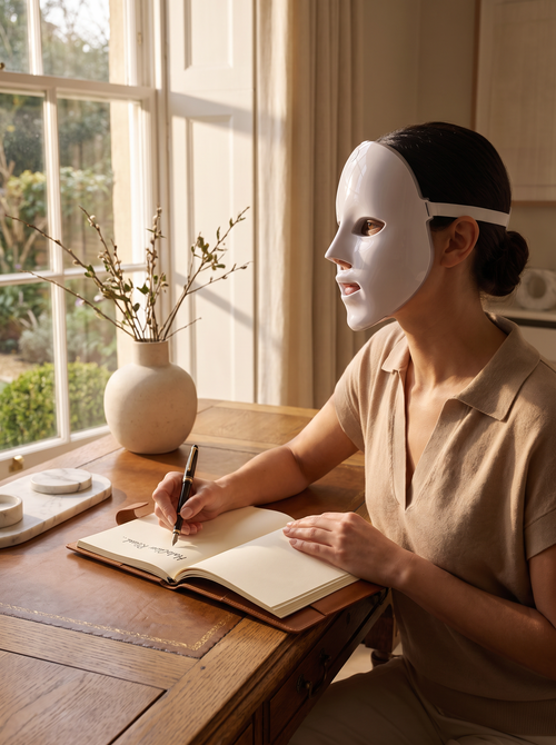 Masque LED Halo porté au bureau, séance de luminothérapie en douceur